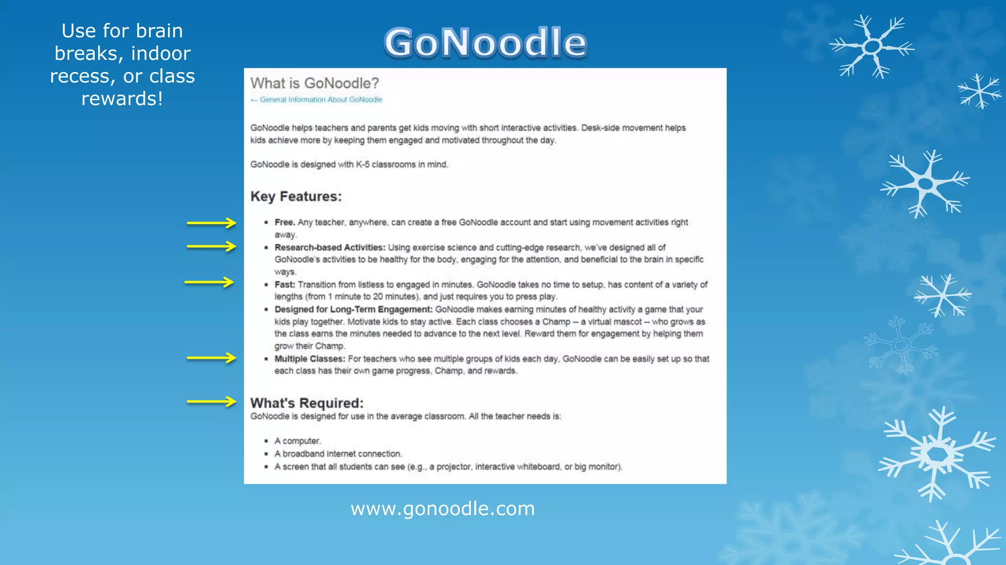 www.gonoodle.com
Use for brain
breaks, indoor
recess, or class
rewards!
 