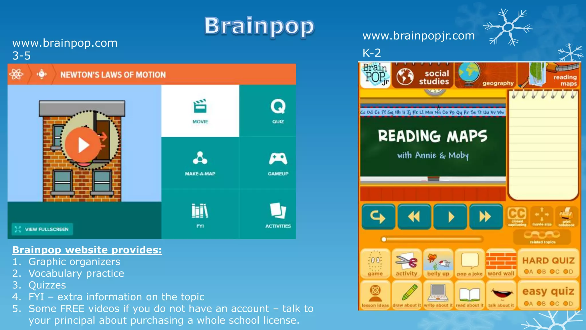 www.brainpopjr.com
K-2
www.brainpop.com
3-5
Brainpop website provides:
1. Graphic organizers
2. Vocabulary practice
3. Quizzes
4. FYI – extra information on the topic
5. Some FREE videos if you do not have an account – talk to
your principal about purchasing a whole school license.
 