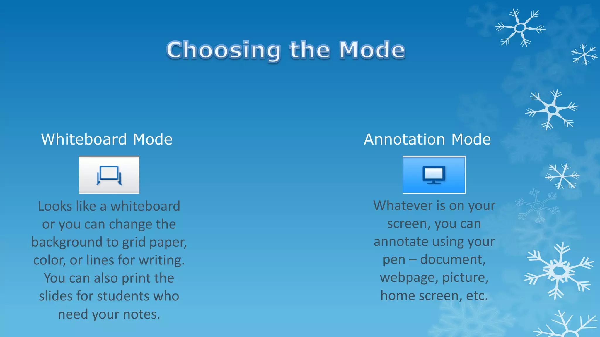 Whiteboard Mode Annotation Mode
Looks like a whiteboard
or you can change the
background to grid paper,
color, or lines for writing.
You can also print the
slides for students who
need your notes.
Whatever is on your
screen, you can
annotate using your
pen – document,
webpage, picture,
home screen, etc.
 