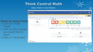Using iTools in your lessons
Steps to using iTools
1.Click on “Math
iTools”
2.Click on the concept
you would like to
teach
3.Click on “Activities”
 