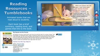Animated books that are
read aloud to students.
Each book has a brief
summary, reading level, and
games that link to the book.
 