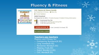 Teachers pay teachers
Fluency and Fitness for:
o Comparing Numbers(8.50)
o Long Vowels(8.50)
o Nonsense Words(5.50)
o Missing #'s(6.50)
o Dolch Words(12.00)
o CVC Words(8.50)
 