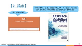 【2. 論点】
12Copyright © 2020 Game Changer Institute. All rights reserved.
論文執筆の目標
“研究デザインとは、設定されたリサーチ・クエスチョンに
答えるために、研究の構造をどう組み立てるかである”
 