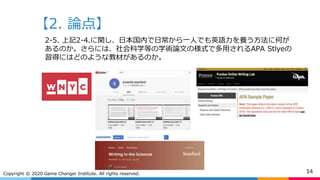 【2. 論点】
14Copyright © 2020 Game Changer Institute. All rights reserved.
2-5. 上記2-4.に関し、日本国内で日常から一人でも英語力を養う方法に何が
あるのか。さらには、社会科学等の学術論文の様式で多用されるAPA Stlyeの
習得にはどのような教材があるのか。
 