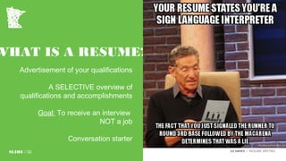 WHAT IS A RESUME?
Advertisement of your qualifications
A SELECTIVE overview of
qualifications and accomplishments
Goal: To receive an interview
NOT a job
Conversation starter
SLIDE / 02 LEADMN | RESUME WRITING
 