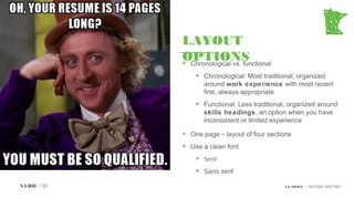 YOUR
TITLE HERE
LAYOUT
OPTIONS• Chronological vs. functional
• Chronological: Most traditional, organized
around work experience with most recent
first, always appropriate
• Functional: Less traditional, organized around
skills headings, an option when you have
inconsistent or limited experience
• One page – layout of four sections
• Use a clean font
• Serif
• Sans serif
LEADMN | RESUME WRITINGSLIDE / 03
 