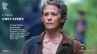 LEADMN | RESUME WRITING
CAROL
EDUCATION
Living Dead
University
801 Walking Street
Alexandria, VA 55112
Degree: Associate of Arts
Major: Home economics
Minor: Accounting
GPA: 3.55
SLIDE / 09
 