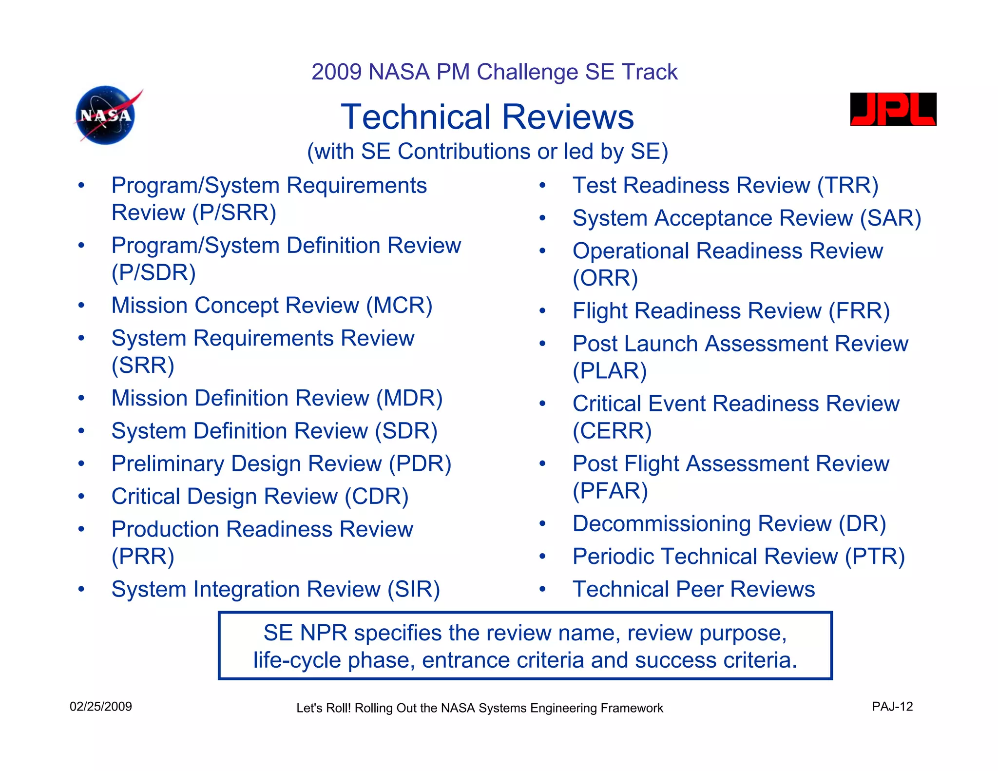 2009 NASA PM Challenge SE Track

                              Technical Reviews
                          (with SE Contributions or led by SE)
 •    Program/System Requirements                • Test Readiness Review (TRR)
      Review (P/SRR)                             • System Acceptance Review (SAR)
 •    Program/System Definition Review           • Operational Readiness Review
      (P/SDR)                                        (ORR)
 •    Mission Concept Review (MCR)               • Flight Readiness Review (FRR)
 •    System Requirements Review                 • Post Launch Assessment Review
      (SRR)                                          (PLAR)
 •    Mission Definition Review (MDR)            • Critical Event Readiness Review
 •    System Definition Review (SDR)                 (CERR)
 •    Preliminary Design Review (PDR)            • Post Flight Assessment Review
 •    Critical Design Review (CDR)                   (PFAR)
 •    Production Readiness Review                • Decommissioning Review (DR)
      (PRR)                                      • Periodic Technical Review (PTR)
 •    System Integration Review (SIR)            • Technical Peer Reviews
                     SE NPR specifies the review name, review purpose,
                   life-cycle phase, entrance criteria and success criteria.
02/25/2009             Let's Roll! Rolling Out the NASA Systems Engineering Framework   PAJ-12
 