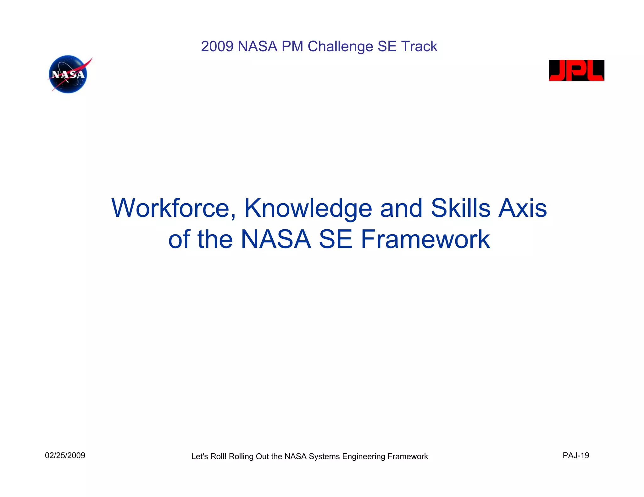 2009 NASA PM Challenge SE Track




             Workforce, Knowledge and Skills Axis
                 of the NASA SE Framework




02/25/2009         Let's Roll! Rolling Out the NASA Systems Engineering Framework   PAJ-19
 
