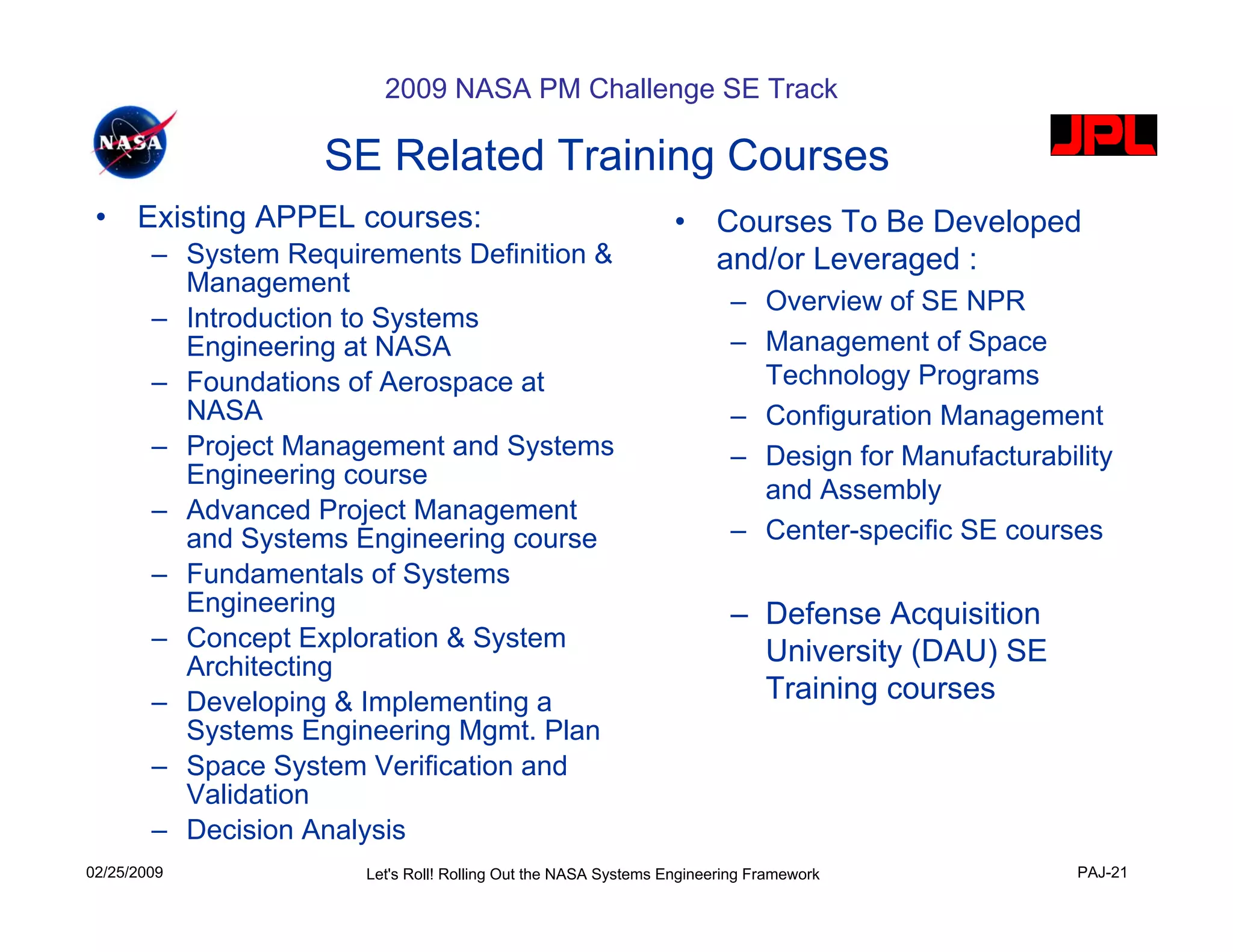 2009 NASA PM Challenge SE Track

                    SE Related Training Courses
 •    Existing APPEL courses:                                    •    Courses To Be Developed
        – System Requirements Definition &                            and/or Leveraged :
          Management
                                                                        – Overview of SE NPR
        – Introduction to Systems
          Engineering at NASA                                           – Management of Space
        – Foundations of Aerospace at                                     Technology Programs
          NASA                                                          – Configuration Management
        – Project Management and Systems                                – Design for Manufacturability
          Engineering course
                                                                          and Assembly
        – Advanced Project Management
          and Systems Engineering course                                – Center-specific SE courses
        – Fundamentals of Systems
          Engineering                                                   – Defense Acquisition
        – Concept Exploration & System
          Architecting
                                                                          University (DAU) SE
        – Developing & Implementing a                                     Training courses
          Systems Engineering Mgmt. Plan
        – Space System Verification and
          Validation
        – Decision Analysis
02/25/2009             Let's Roll! Rolling Out the NASA Systems Engineering Framework              PAJ-21
 
