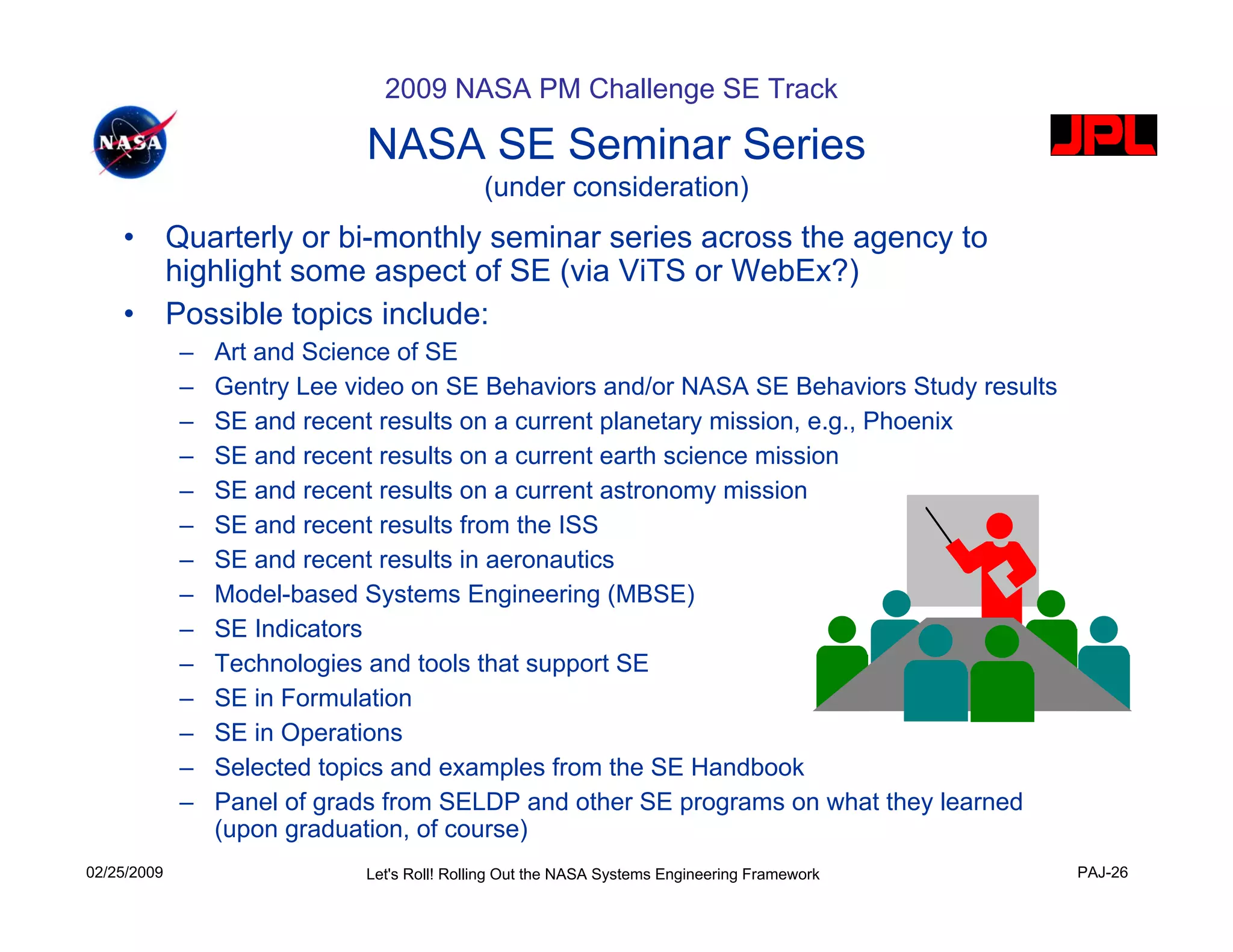 2009 NASA PM Challenge SE Track

                              NASA SE Seminar Series
                                              (under consideration)
    •        Quarterly or bi-monthly seminar series across the agency to
             highlight some aspect of SE (via ViTS or WebEx?)
    •        Possible topics include:
              –   Art and Science of SE
              –   Gentry Lee video on SE Behaviors and/or NASA SE Behaviors Study results
              –   SE and recent results on a current planetary mission, e.g., Phoenix
              –   SE and recent results on a current earth science mission
              –   SE and recent results on a current astronomy mission
              –   SE and recent results from the ISS
              –   SE and recent results in aeronautics
              –   Model-based Systems Engineering (MBSE)
              –   SE Indicators
              –   Technologies and tools that support SE
              –   SE in Formulation
              –   SE in Operations
              –   Selected topics and examples from the SE Handbook
              –   Panel of grads from SELDP and other SE programs on what they learned
                  (upon graduation, of course)
02/25/2009                    Let's Roll! Rolling Out the NASA Systems Engineering Framework   PAJ-26
 