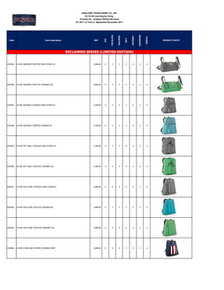 UNIGLOBE TRAVELWARE CO., INC.
                                                                        for DLSU Learning by Doing
                                                                   Pricelist for: JanSport REGULAR items
                                                               SY 2011-12 Term 2, September-December 2011




                                                                                                                                       EASTWOOD
                                                                                               THE BLOCK


                                                                                                           GALLERIA




                                                                                                                             GATEWAY




                                                                                                                                                  ERMITA
                                                                                                                      GB 5
                                                                                         ATC
 Code                                  Item Description                        SRP                                                                         PRODUCT PHOTO




                                                          RECLAIMED SERIES (LIMITED EDITION)


0367825   JS HER SWINGER (TQF75DF) NEW STORM GY                               2,690.00    0       2           3        2       4          2         4




0367826   JS HER SWINGER (TQF77UF) VERDANT GN                                 2,690.00    0       2           4        4       4          2         4




0367827   JS HER WAYBACK (TQF85DF) NEW STORM GY                               2,190.00    0       3           4        3       4          2         4




0367828   JS HER WAYBACK (TQF87UC) BLINDED BL                                 2,190.00    0       2           2        4       4          2         4




0367819   JS HER OFF TRAIL (TQF55DF) NEW STORM GY                             2,790.00    0       2           3        0       4          2         4




0367820   JS HER OFF TRAIL (TQF57UF) VERDANT GN                               2,790.00    0       2           4        4       4          2         4




0367821   JS HER SKI & HIKE (TQF35DF) NEW STORM GY                            2,890.00    0       0           4        4       4          2         2




0367822   JS HER SKI & HIKE (TQF37UC) BLINDED BL                              2,890.00    0       1           3        3       4          2         4




0367823   JS HER SKI & HIKE (TQF37UF) VERDANT GN                              2,890.00    0       2           4        4       4          2         4




0344640   JS HER STARS AND STRIPES (TQF4003) NAVY                             2,690.00    0       0           0        3       4          1         3
 