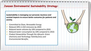 Sustainability is managing our personal, business and
societal impacts to ensure better outcomes for patients and
society.
 Committed to Clean, Renewable Energy.
 Reduced 20% in CO2 emissions by 2020.
 Reduced waste volumes by 10% compared to 2010.
 Reduced water consumption by 10% compared to 2010.
 Product Stewardship Through the Lifecycle: Green
Chemistry and Technology Yield Business and
Environmental Benefits.
Janssen Environmental Sustainability Strategy:
 