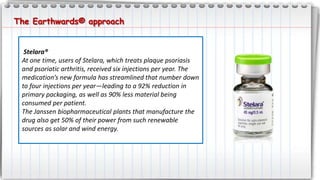 Stelara®
At one time, users of Stelara, which treats plaque psoriasis
and psoriatic arthritis, received six injections per year. The
medication’s new formula has streamlined that number down
to four injections per year—leading to a 92% reduction in
primary packaging, as well as 90% less material being
consumed per patient.
The Janssen biopharmaceutical plants that manufacture the
drug also get 50% of their power from such renewable
sources as solar and wind energy.
The Earthwards® approach
 