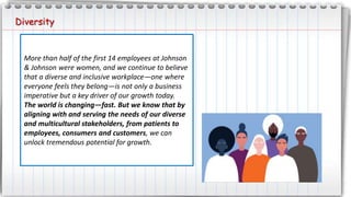 More than half of the first 14 employees at Johnson
& Johnson were women, and we continue to believe
that a diverse and inclusive workplace—one where
everyone feels they belong—is not only a business
imperative but a key driver of our growth today.
The world is changing—fast. But we know that by
aligning with and serving the needs of our diverse
and multicultural stakeholders, from patients to
employees, consumers and customers, we can
unlock tremendous potential for growth.
Diversity
 
