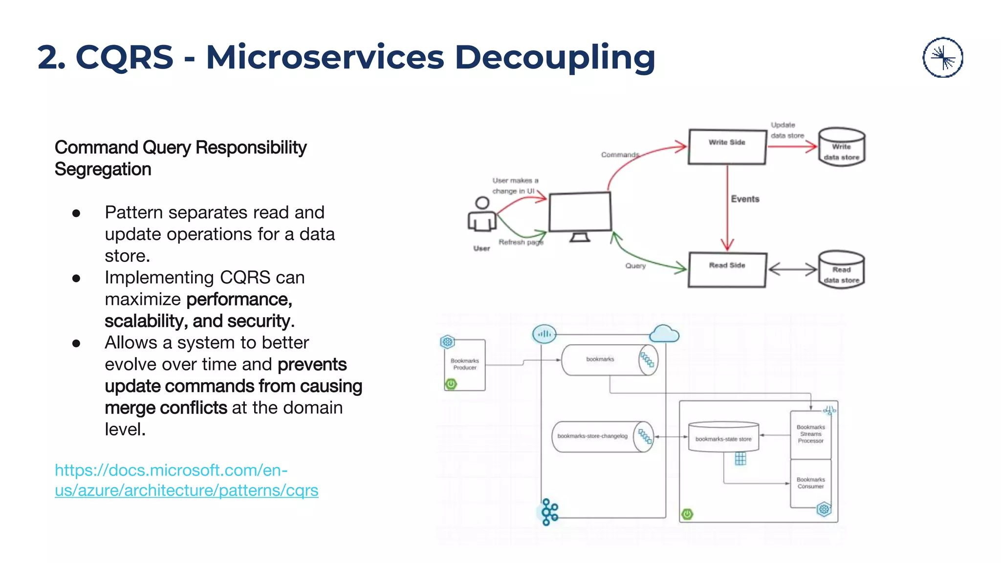 2. CQRS - Microservices Decoupling Command Query Responsibility Segregation ● Pattern separates read and update operations for a data store. ● Implementing CQRS can maximize performance, scalability, and security. ● Allows a system to better evolve over time and prevents update commands from causing merge conflicts at the domain level. https://docs.microsoft.com/en- us/azure/architecture/patterns/cqrs 