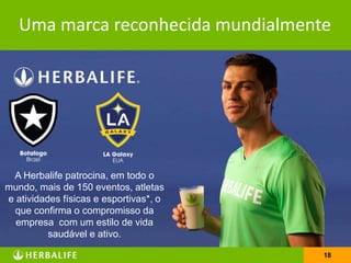 18
Uma marca reconhecida mundialmente
A Herbalife patrocina, em todo o
mundo, mais de 150 eventos, atletas
e atividades físicas e esportivas*, o
que confirma o compromisso da
empresa com um estilo de vida
saudável e ativo.
 