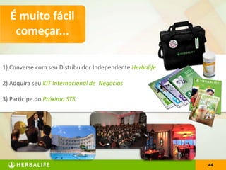 4444
1) Converse com seu Distribuidor Independente Herbalife
2) Adquira seu KIT Internacional de Negócios
3) Participe do Próximo STS
É muito fácil
começar...
 