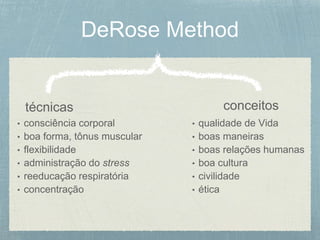 técnicas conceitos
• consciência corporal
• boa forma, tônus muscular
• flexibilidade
• administração do stress
• reeducação respiratória
• concentração
• qualidade de Vida
• boas maneiras
• boas relações humanas
• boa cultura
• civilidade
• ética
 