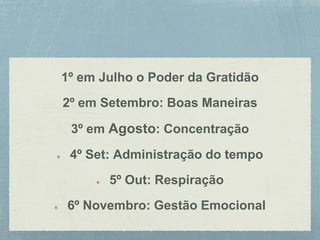 1º em Julho o Poder da Gratidão
2º em Setembro: Boas Maneiras
3º em Agosto: Concentração
4º Set: Administração do tempo
5º Out: Respiração
6º Novembro: Gestão Emocional
 