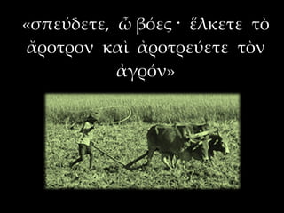«σπεύδετε, ὦ βόες · ἕλκετε τὸ
ἄροτρον καὶ ἀροτρεύετε τὸν
           ἀγρόν»
 