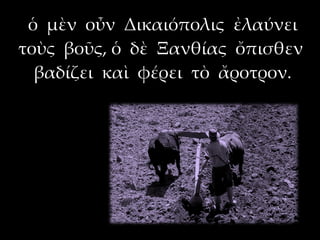 ὁ μὲν οὖν Δικαιόπολις ἐλαύνει
τοὺς βοῦς, ὁ δὲ Ξανθίας ὄπισθεν
  βαδίζει καὶ φέρει τὸ ἄροτρον.
 