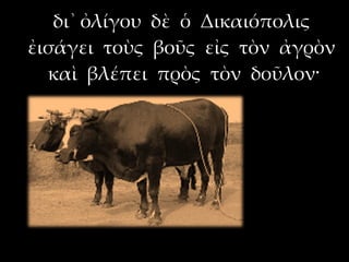 δι᾿ ὀλίγου δὲ ὁ Δικαιόπολις
ἐισάγει τοὺς βοῦς εἰς τὸν ἀγρὸν
  καὶ βλέπει πρὸς τὸν δοῦλον·
 