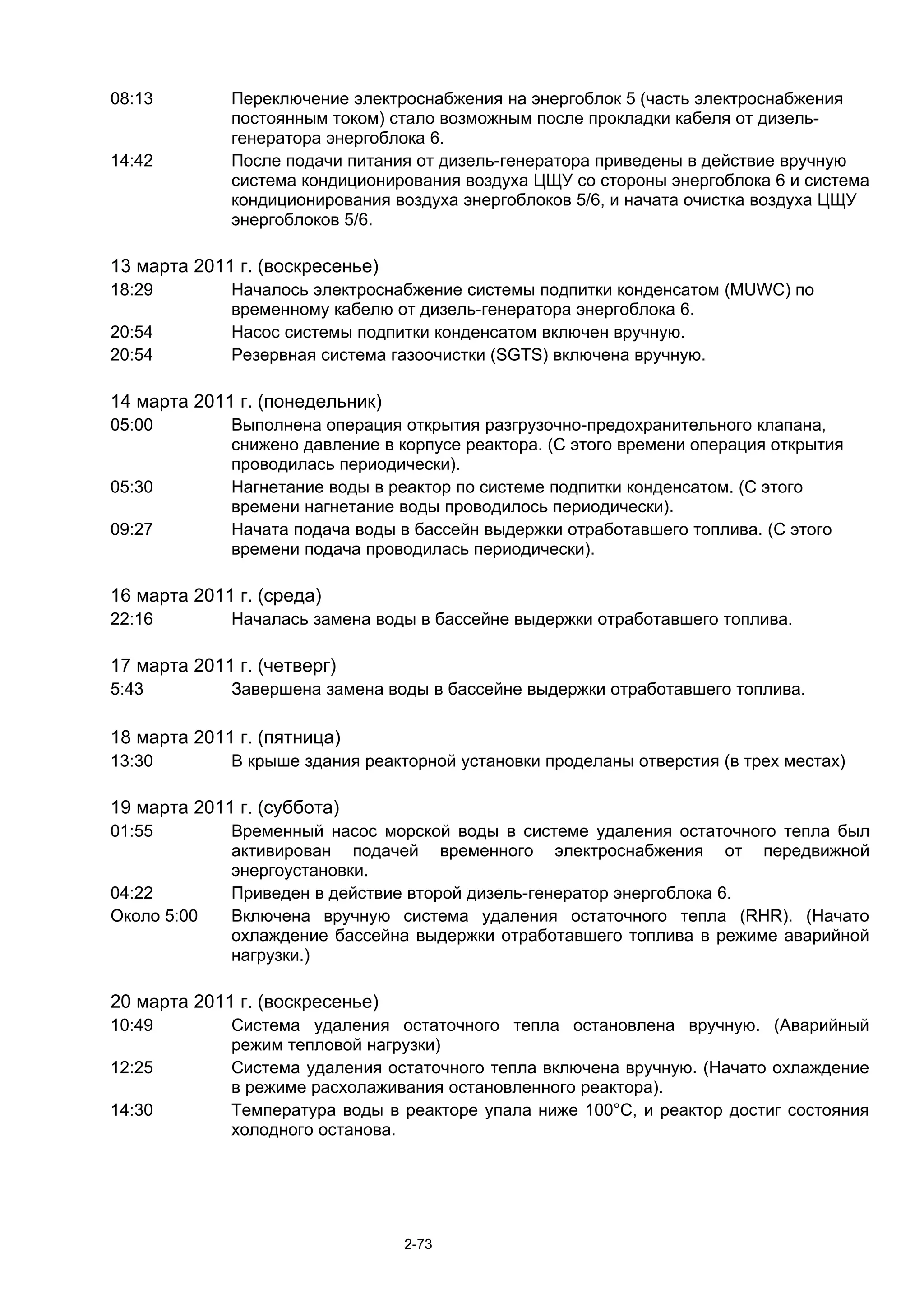 08:13        Переключение электроснабжения на энергоблок 5 (часть электроснабжения
             постоянным током) стало возможным после прокладки кабеля от дизель-
             генератора энергоблока 6.
14:42        После подачи питания от дизель-генератора приведены в действие вручную
             система кондиционирования воздуха ЦЩУ со стороны энергоблока 6 и система
             кондиционирования воздуха энергоблоков 5/6, и начата очистка воздуха ЦЩУ
             энергоблоков 5/6.

13 марта 2011 г. (воскресенье)
18:29        Началось электроснабжение системы подпитки конденсатом (MUWC) по
             временному кабелю от дизель-генератора энергоблока 6.
20:54        Насос системы подпитки конденсатом включен вручную.
20:54        Резервная система газоочистки (SGTS) включена вручную.

14 марта 2011 г. (понедельник)
05:00        Выполнена операция открытия разгрузочно-предохранительного клапана,
             снижено давление в корпусе реактора. (С этого времени операция открытия
             проводилась периодически).
05:30        Нагнетание воды в реактор по системе подпитки конденсатом. (С этого
             времени нагнетание воды проводилось периодически).
09:27        Начата подача воды в бассейн выдержки отработавшего топлива. (С этого
             времени подача проводилась периодически).

16 марта 2011 г. (среда)
22:16        Началась замена воды в бассейне выдержки отработавшего топлива.

17 марта 2011 г. (четверг)
5:43         Завершена замена воды в бассейне выдержки отработавшего топлива.

18 марта 2011 г. (пятница)
13:30        В крыше здания реакторной установки проделаны отверстия (в трех местах)

19 марта 2011 г. (суббота)
01:55        Временный насос морской воды в системе удаления остаточного тепла был
             активирован подачей временного электроснабжения от передвижной
             энергоустановки.
04:22        Приведен в действие второй дизель-генератор энергоблока 6.
Около 5:00   Включена вручную система удаления остаточного тепла (RHR). (Начато
             охлаждение бассейна выдержки отработавшего топлива в режиме аварийной
             нагрузки.)

20 марта 2011 г. (воскресенье)
10:49        Система удаления остаточного тепла остановлена вручную. (Аварийный
             режим тепловой нагрузки)
12:25        Система удаления остаточного тепла включена вручную. (Начато охлаждение
             в режиме расхолаживания остановленного реактора).
14:30        Температура воды в реакторе упала ниже 100°С, и реактор достиг состояния
             холодного останова.




                                 2-73
 
