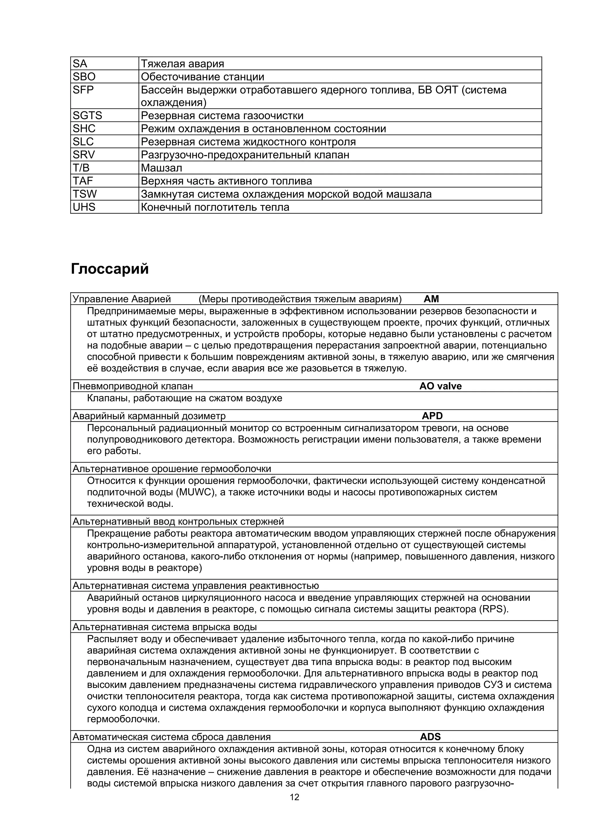 SA           Тяжелая авария
SBO          Обесточивание станции
SFP          Бассейн выдержки отработавшего ядерного топлива, БВ ОЯТ (система
             охлаждения)
SGTS         Резервная система газоочистки
SHC          Режим охлаждения в остановленном состоянии
SLC          Резервная система жидкостного контроля
SRV          Разгрузочно-предохранительный клапан
T/B          Машзал
TAF          Верхняя часть активного топлива
TSW          Замкнутая система охлаждения морской водой машзала
UHS          Конечный поглотитель тепла




Глоссарий
Управление Аварией      (Меры противодействия тяжелым авариям)      AM
  Предпринимаемые меры, выраженные в эффективном использовании резервов безопасности и
  штатных функций безопасности, заложенных в существующем проекте, прочих функций, отличных
  от штатно предусмотренных, и устройств проборы, которые недавно были установлены с расчетом
  на подобные аварии – с целью предотвращения перерастания запроектной аварии, потенциально
  способной привести к большим повреждениям активной зоны, в тяжелую аварию, или же смягчения
  её воздействия в случае, если авария все же разовьется в тяжелую.
Пневмоприводной клапан                                              AO valve
  Клапаны, работающие на сжатом воздухе
Аварийный карманный дозиметр                                       APD
  Персональный радиационный монитор со встроенным сигнализатором тревоги, на основе
  полупроводникового детектора. Возможность регистрации имени пользователя, а также времени
  его работы.
Альтернативное орошение гермооболочки
  Относится к функции орошения гермооболочки, фактически использующей систему конденсатной
  подпиточной воды (MUWC), а также источники воды и насосы противопожарных систем
  технической воды.
Альтернативный ввод контрольных стержней
  Прекращение работы реактора автоматическим вводом управляющих стержней после обнаружения
  контрольно-измерительной аппаратурой, установленной отдельно от существующей системы
  аварийного останова, какого-либо отклонения от нормы (например, повышенного давления, низкого
  уровня воды в реакторе)
Альтернативная система управления реактивностью
  Аварийный останов циркуляционного насоса и введение управляющих стержней на основании
  уровня воды и давления в реакторе, с помощью сигнала системы защиты реактора (RPS).
Альтернативная система впрыска воды
  Распыляет воду и обеспечивает удаление избыточного тепла, когда по какой-либо причине
  аварийная система охлаждения активной зоны не функционирует. В соответствии с
  первоначальным назначением, существует два типа впрыска воды: в реактор под высоким
  давлением и для охлаждения гермооболочки. Для альтернативного впрыска воды в реактор под
  высоким давлением предназначены система гидравлического управления приводов СУЗ и система
  очистки теплоносителя реактора, тогда как система противопожарной защиты, система охлаждения
  сухого колодца и система охлаждения гермооболочки и корпуса выполняют функцию охлаждения
  гермооболочки.
Автоматическая система сброса давления                                ADS
   Одна из систем аварийного охлаждения активной зоны, которая относится к конечному блоку
   системы орошения активной зоны высокого давления или системы впрыска теплоносителя низкого
   давления. Её назначение – снижение давления в реакторе и обеспечение возможности для подачи
   воды системой впрыска низкого давления за счет открытия главного парового разгрузочно-
                                          12
 