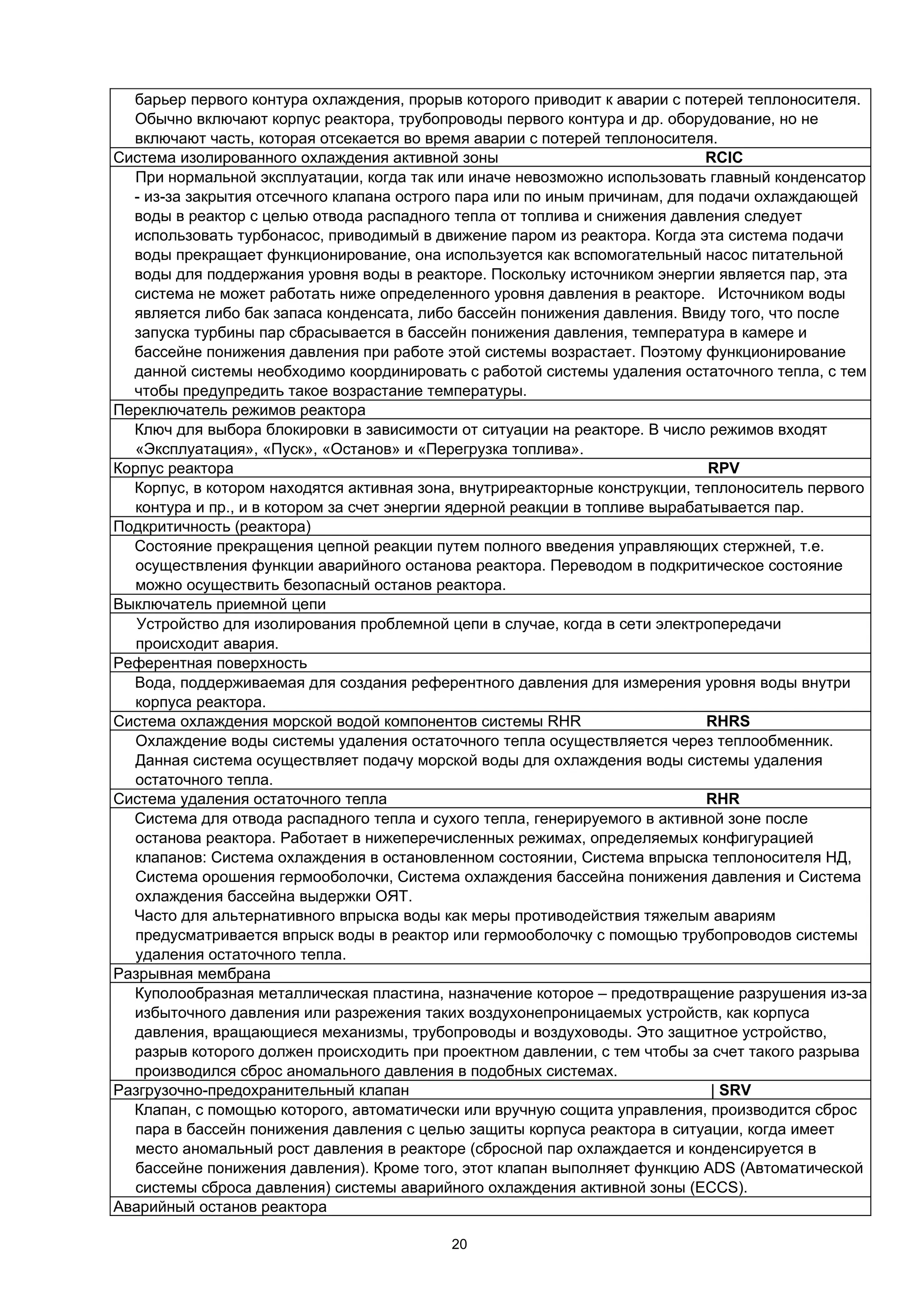 барьер первого контура охлаждения, прорыв которого приводит к аварии с потерей теплоносителя.
  Обычно включают корпус реактора, трубопроводы первого контура и др. оборудование, но не
  включают часть, которая отсекается во время аварии с потерей теплоносителя.
Система изолированного охлаждения активной зоны                              RCIC
  При нормальной эксплуатации, когда так или иначе невозможно использовать главный конденсатор
  - из-за закрытия отсечного клапана острого пара или по иным причинам, для подачи охлаждающей
  воды в реактор с целью отвода распадного тепла от топлива и снижения давления следует
  использовать турбонасос, приводимый в движение паром из реактора. Когда эта система подачи
  воды прекращает функционирование, она используется как вспомогательный насос питательной
  воды для поддержания уровня воды в реакторе. Поскольку источником энергии является пар, эта
  система не может работать ниже определенного уровня давления в реакторе. Источником воды
  является либо бак запаса конденсата, либо бассейн понижения давления. Ввиду того, что после
  запуска турбины пар сбрасывается в бассейн понижения давления, температура в камере и
  бассейне понижения давления при работе этой системы возрастает. Поэтому функционирование
  данной системы необходимо координировать с работой системы удаления остаточного тепла, с тем
  чтобы предупредить такое возрастание температуры.
Переключатель режимов реактора
  Ключ для выбора блокировки в зависимости от ситуации на реакторе. В число режимов входят
  «Эксплуатация», «Пуск», «Останов» и «Перегрузка топлива».
Корпус реактора                                                               RPV
  Корпус, в котором находятся активная зона, внутриреакторные конструкции, теплоноситель первого
  контура и пр., и в котором за счет энергии ядерной реакции в топливе вырабатывается пар.
Подкритичность (реактора)
  Состояние прекращения цепной реакции путем полного введения управляющих стержней, т.е.
  осуществления функции аварийного останова реактора. Переводом в подкритическое состояние
  можно осуществить безопасный останов реактора.
Выключатель приемной цепи
   Устройство для изолирования проблемной цепи в случае, когда в сети электропередачи
   происходит авария.
Референтная поверхность
  Вода, поддерживаемая для создания референтного давления для измерения уровня воды внутри
  корпуса реактора.
Система охлаждения морской водой компонентов системы RHR                     RHRS
  Охлаждение воды системы удаления остаточного тепла осуществляется через теплообменник.
  Данная система осуществляет подачу морской воды для охлаждения воды системы удаления
  остаточного тепла.
Система удаления остаточного тепла                                           RHR
  Система для отвода распадного тепла и сухого тепла, генерируемого в активной зоне после
  останова реактора. Работает в нижеперечисленных режимах, определяемых конфигурацией
  клапанов: Система охлаждения в остановленном состоянии, Система впрыска теплоносителя НД,
  Система орошения гермооболочки, Система охлаждения бассейна понижения давления и Система
  охлаждения бассейна выдержки ОЯТ.
  Часто для альтернативного впрыска воды как меры противодействия тяжелым авариям
  предусматривается впрыск воды в реактор или гермооболочку с помощью трубопроводов системы
  удаления остаточного тепла.
Разрывная мембрана
  Куполообразная металлическая пластина, назначение которое – предотвращение разрушения из-за
  избыточного давления или разрежения таких воздухонепроницаемых устройств, как корпуса
  давления, вращающиеся механизмы, трубопроводы и воздуховоды. Это защитное устройство,
  разрыв которого должен происходить при проектном давлении, с тем чтобы за счет такого разрыва
  производился сброс аномального давления в подобных системах.
Разгрузочно-предохранительный клапан                                          | SRV
  Клапан, с помощью которого, автоматически или вручную сощита управления, производится сброс
  пара в бассейн понижения давления с целью защиты корпуса реактора в ситуации, когда имеет
  место аномальный рост давления в реакторе (сбросной пар охлаждается и конденсируется в
  бассейне понижения давления). Кроме того, этот клапан выполняет функцию ADS (Автоматической
  системы сброса давления) системы аварийного охлаждения активной зоны (ECCS).
Аварийный останов реактора

                                           20
 