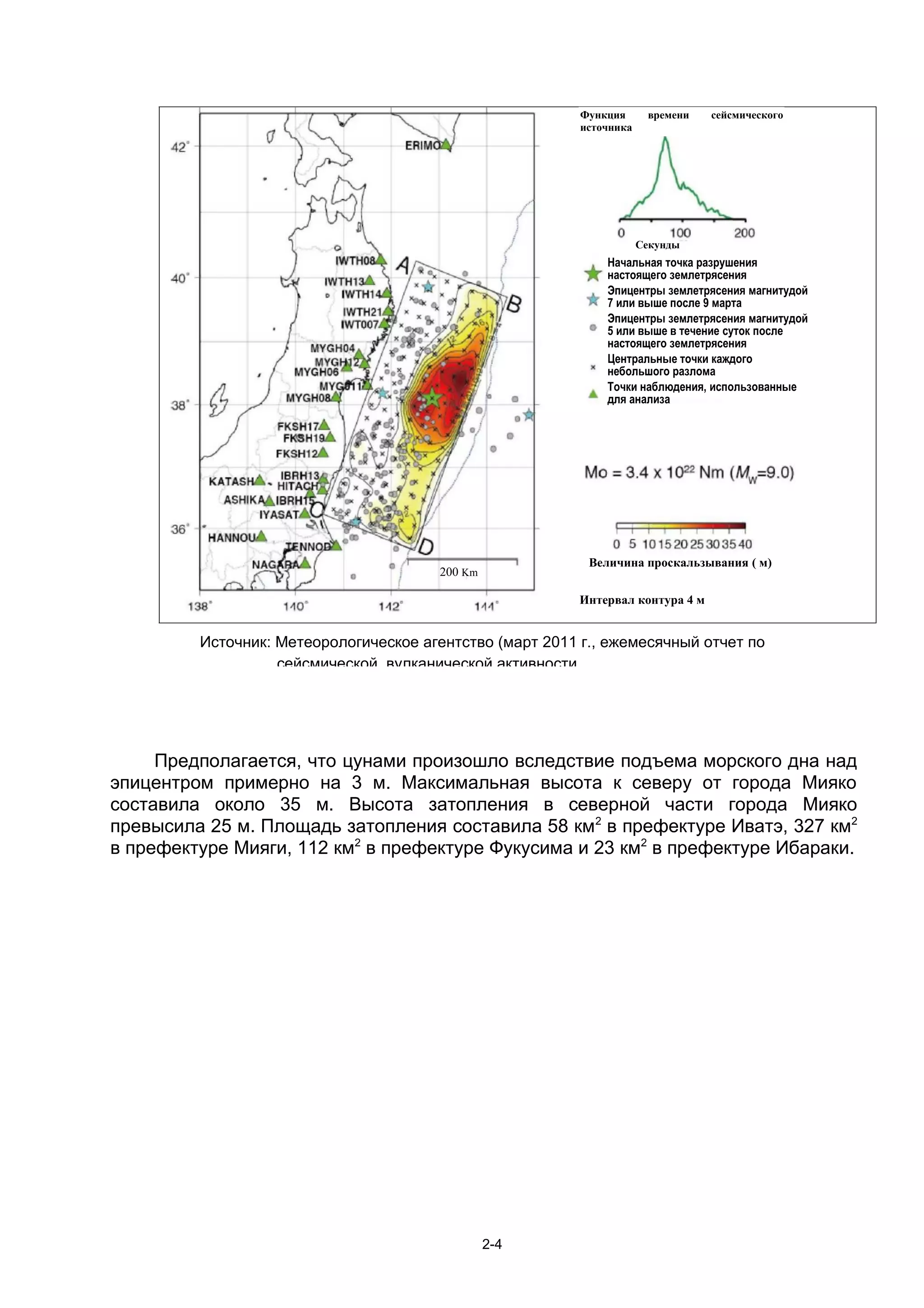 Функция      времени   сейсмического
                                                          источника




                                                                      Секунды
                                                              Начальная точка разрушения
                                                              настоящего землетрясения
                                                              Эпицентры землетрясения магнитудой
                                                              7 или выше после 9 марта
                                                              Эпицентры землетрясения магнитудой
                                                              5 или выше в течение суток после
                                                              настоящего землетрясения
                                                              Центральные точки каждого
                                                              небольшого разлома
                                                              Точки наблюдения, использованные
                                                              для анализа




                                                           Величина проскальзывания ( м)
                                       200 Km

                                                          Интервал контура 4 м


         Источник: Метеорологическое агентство (март 2011 г., ежемесячный отчет по
                   сейсмической, вулканической активности




     Предполагается, что цунами произошло вследствие подъема морского дна над
эпицентром примерно на 3 м. Максимальная высота к северу от города Мияко
составила около 35 м. Высота затопления в северной части города Мияко
превысила 25 м. Площадь затопления составила 58 км2 в префектуре Иватэ, 327 км2
в префектуре Мияги, 112 км2 в префектуре Фукусима и 23 км2 в префектуре Ибараки.




                                                2-4
 