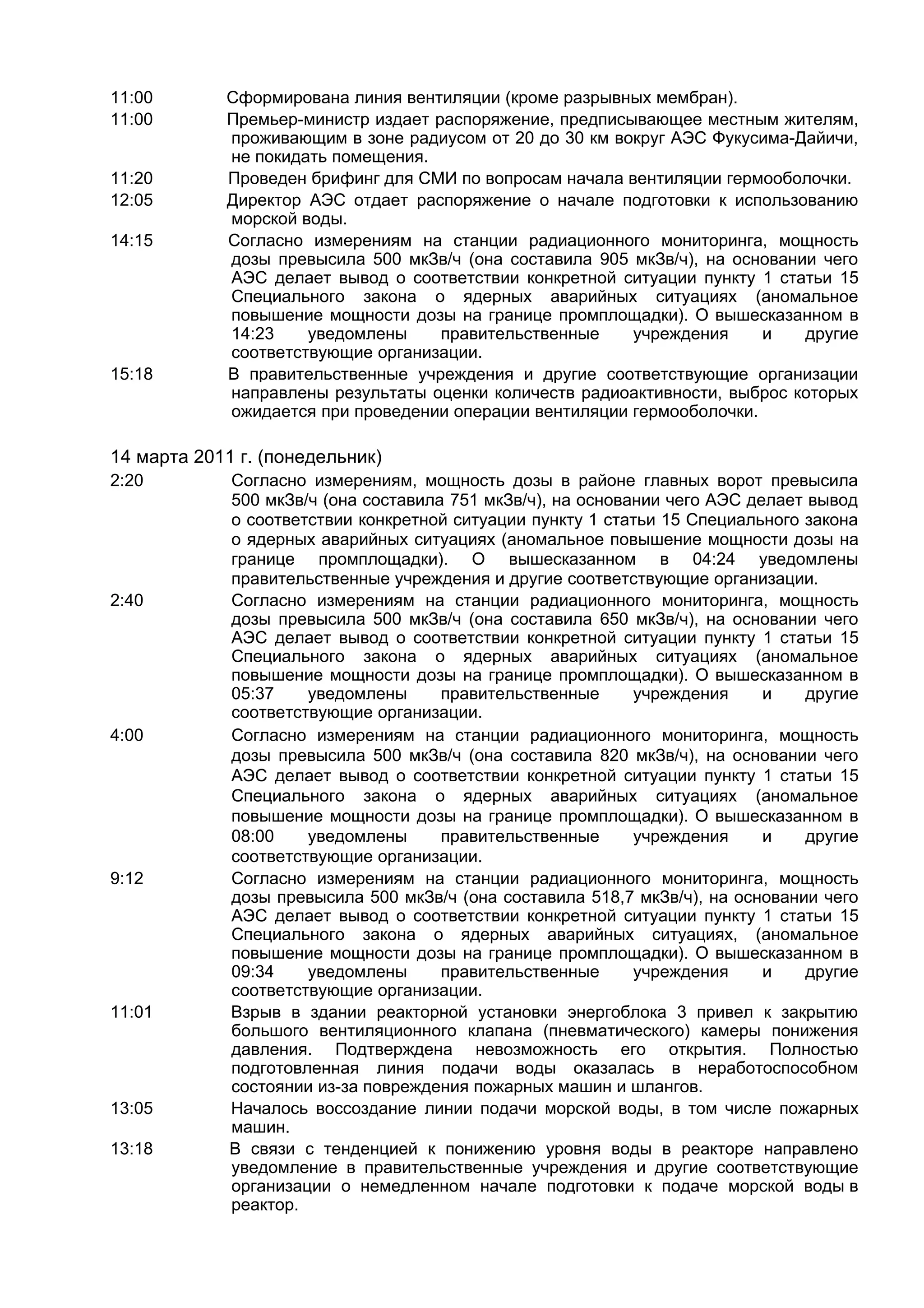 11:00       Сформирована линия вентиляции (кроме разрывных мембран).
11:00       Премьер-министр издает распоряжение, предписывающее местным жителям,
            проживающим в зоне радиусом от 20 до 30 км вокруг АЭС Фукусима-Дайичи,
            не покидать помещения.
11:20       Проведен брифинг для СМИ по вопросам начала вентиляции гермооболочки.
12:05       Директор АЭС отдает распоряжение о начале подготовки к использованию
            морской воды.
14:15       Согласно измерениям на станции радиационного мониторинга, мощность
            дозы превысила 500 мкЗв/ч (она составила 905 мкЗв/ч), на основании чего
            АЭС делает вывод о соответствии конкретной ситуации пункту 1 статьи 15
            Специального закона о ядерных аварийных ситуациях (аномальное
            повышение мощности дозы на границе промплощадки). О вышесказанном в
            14:23    уведомлены     правительственные    учреждения     и    другие
            соответствующие организации.
15:18       В правительственные учреждения и другие соответствующие организации
            направлены результаты оценки количеств радиоактивности, выброс которых
            ожидается при проведении операции вентиляции гермооболочки.

14 марта 2011 г. (понедельник)
2:20         Согласно измерениям, мощность дозы в районе главных ворот превысила
             500 мкЗв/ч (она составила 751 мкЗв/ч), на основании чего АЭС делает вывод
             о соответствии конкретной ситуации пункту 1 статьи 15 Специального закона
             о ядерных аварийных ситуациях (аномальное повышение мощности дозы на
             границе промплощадки). О вышесказанном в 04:24 уведомлены
             правительственные учреждения и другие соответствующие организации.
2:40         Согласно измерениям на станции радиационного мониторинга, мощность
             дозы превысила 500 мкЗв/ч (она составила 650 мкЗв/ч), на основании чего
             АЭС делает вывод о соответствии конкретной ситуации пункту 1 статьи 15
             Специального закона о ядерных аварийных ситуациях (аномальное
             повышение мощности дозы на границе промплощадки). О вышесказанном в
             05:37    уведомлены      правительственные      учреждения     и   другие
             соответствующие организации.
4:00         Согласно измерениям на станции радиационного мониторинга, мощность
             дозы превысила 500 мкЗв/ч (она составила 820 мкЗв/ч), на основании чего
             АЭС делает вывод о соответствии конкретной ситуации пункту 1 статьи 15
             Специального закона о ядерных аварийных ситуациях (аномальное
             повышение мощности дозы на границе промплощадки). О вышесказанном в
             08:00    уведомлены      правительственные      учреждения     и   другие
             соответствующие организации.
9:12         Согласно измерениям на станции радиационного мониторинга, мощность
             дозы превысила 500 мкЗв/ч (она составила 518,7 мкЗв/ч), на основании чего
             АЭС делает вывод о соответствии конкретной ситуации пункту 1 статьи 15
             Специального закона о ядерных аварийных ситуациях, (аномальное
             повышение мощности дозы на границе промплощадки). О вышесказанном в
             09:34    уведомлены      правительственные      учреждения     и   другие
             соответствующие организации.
11:01        Взрыв в здании реакторной установки энергоблока 3 привел к закрытию
             большого вентиляционного клапана (пневматического) камеры понижения
             давления. Подтверждена невозможность его открытия. Полностью
             подготовленная линия подачи воды оказалась в неработоспособном
             состоянии из-за повреждения пожарных машин и шлангов.
13:05        Началось воссоздание линии подачи морской воды, в том числе пожарных
             машин.
13:18        В связи с тенденцией к понижению уровня воды в реакторе направлено
             уведомление в правительственные учреждения и другие соответствующие
             организации о немедленном начале подготовки к подаче морской воды в
             реактор.
 