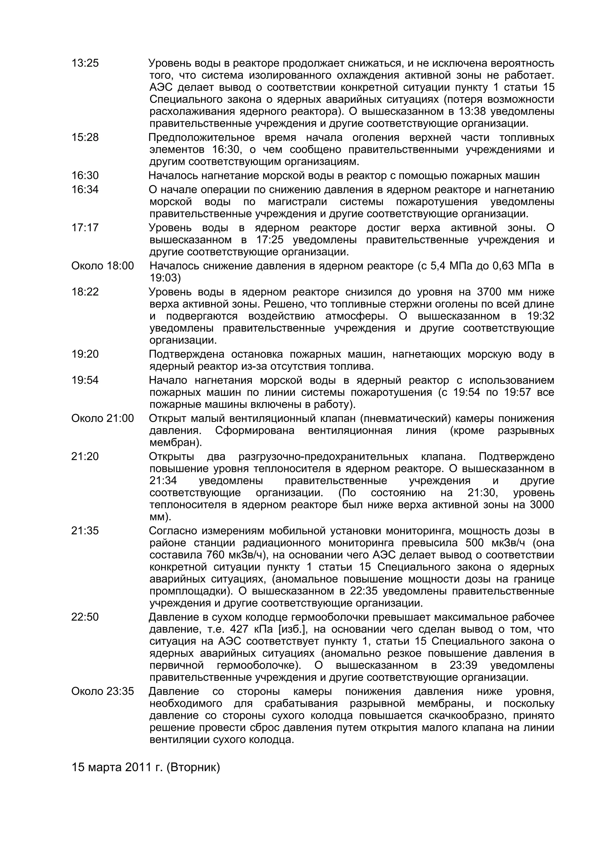 13:25         Уровень воды в реакторе продолжает снижаться, и не исключена вероятность
              того, что система изолированного охлаждения активной зоны не работает.
              АЭС делает вывод о соответствии конкретной ситуации пункту 1 статьи 15
              Специального закона о ядерных аварийных ситуациях (потеря возможности
              расхолаживания ядерного реактора). О вышесказанном в 13:38 уведомлены
              правительственные учреждения и другие соответствующие организации.
15:28         Предположительное время начала оголения верхней части топливных
              элементов 16:30, о чем сообщено правительственными учреждениями и
              другим соответствующим организациям.
16:30         Началось нагнетание морской воды в реактор с помощью пожарных машин
16:34         О начале операции по снижению давления в ядерном реакторе и нагнетанию
              морской воды по магистрали системы пожаротушения уведомлены
              правительственные учреждения и другие соответствующие организации.
17:17         Уровень воды в ядерном реакторе достиг верха активной зоны. О
              вышесказанном в 17:25 уведомлены правительственные учреждения и
              другие соответствующие организации.
Около 18:00   Началось снижение давления в ядерном реакторе (с 5,4 МПа до 0,63 МПа в
              19:03)
18:22         Уровень воды в ядерном реакторе снизился до уровня на 3700 мм ниже
              верха активной зоны. Решено, что топливные стержни оголены по всей длине
              и подвергаются воздействию атмосферы. О вышесказанном в 19:32
              уведомлены правительственные учреждения и другие соответствующие
              организации.
19:20         Подтверждена остановка пожарных машин, нагнетающих морскую воду в
              ядерный реактор из-за отсутствия топлива.
19:54         Начало нагнетания морской воды в ядерный реактор с использованием
              пожарных машин по линии системы пожаротушения (с 19:54 по 19:57 все
              пожарные машины включены в работу).
Около 21:00   Открыт малый вентиляционный клапан (пневматический) камеры понижения
              давления. Сформирована вентиляционная линия (кроме разрывных
              мембран).
21:20         Открыты два разгрузочно-предохранительных клапана. Подтверждено
              повышение уровня теплоносителя в ядерном реакторе. О вышесказанном в
              21:34     уведомлены     правительственные     учреждения    и    другие
              соответствующие организации. (По состоянию на 21:30, уровень
              теплоносителя в ядерном реакторе был ниже верха активной зоны на 3000
              мм).
21:35         Согласно измерениям мобильной установки мониторинга, мощность дозы в
              районе станции радиационного мониторинга превысила 500 мкЗв/ч (она
              составила 760 мкЗв/ч), на основании чего АЭС делает вывод о соответствии
              конкретной ситуации пункту 1 статьи 15 Специального закона о ядерных
              аварийных ситуациях, (аномальное повышение мощности дозы на границе
              промплощадки). О вышесказанном в 22:35 уведомлены правительственные
              учреждения и другие соответствующие организации.
22:50         Давление в сухом колодце гермооболочки превышает максимальное рабочее
              давление, т.е. 427 кПа [изб.], на основании чего сделан вывод о том, что
              ситуация на АЭС соответствует пункту 1, статьи 15 Специального закона о
              ядерных аварийных ситуациях (аномально резкое повышение давления в
              первичной гермооболочке). О вышесказанном в 23:39 уведомлены
              правительственные учреждения и другие соответствующие организации.
Около 23:35   Давление со стороны камеры понижения давления ниже уровня,
              необходимого для срабатывания разрывной мембраны, и поскольку
              давление со стороны сухого колодца повышается скачкообразно, принято
              решение провести сброс давления путем открытия малого клапана на линии
              вентиляции сухого колодца.

15 марта 2011 г. (Вторник)
 