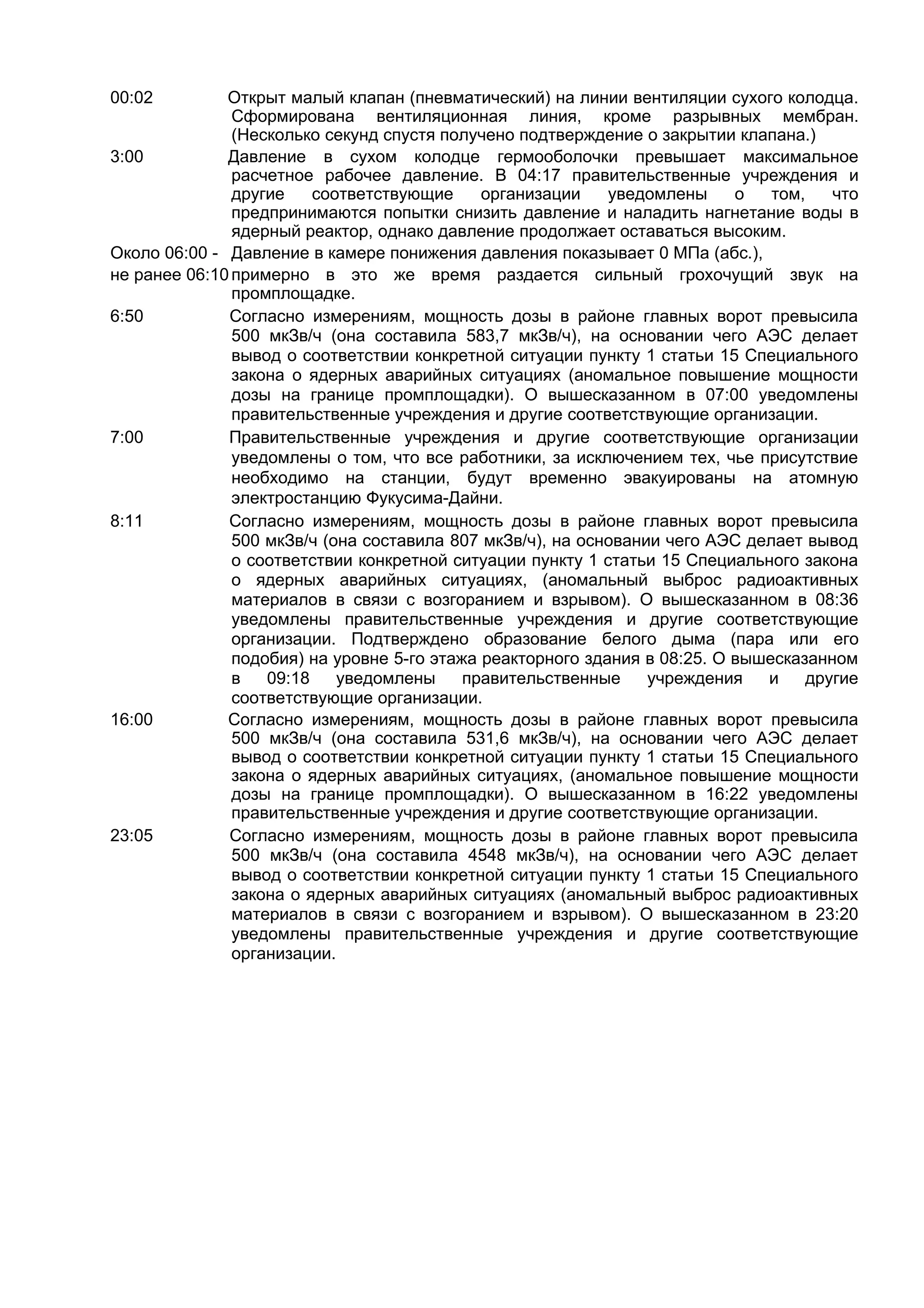 00:02         Открыт малый клапан (пневматический) на линии вентиляции сухого колодца.
               Сформирована вентиляционная линия, кроме разрывных мембран.
               (Несколько секунд спустя получено подтверждение о закрытии клапана.)
3:00          Давление в сухом колодце гермооболочки превышает максимальное
               расчетное рабочее давление. В 04:17 правительственные учреждения и
               другие    соответствующие     организации    уведомлены     о   том,    что
               предпринимаются попытки снизить давление и наладить нагнетание воды в
               ядерный реактор, однако давление продолжает оставаться высоким.
Около 06:00 - Давление в камере понижения давления показывает 0 МПа (абс.),
не ранее 06:10 примерно в это же время раздается сильный грохочущий звук на
               промплощадке.
6:50          Согласно измерениям, мощность дозы в районе главных ворот превысила
               500 мкЗв/ч (она составила 583,7 мкЗв/ч), на основании чего АЭС делает
               вывод о соответствии конкретной ситуации пункту 1 статьи 15 Специального
               закона о ядерных аварийных ситуациях (аномальное повышение мощности
               дозы на границе промплощадки). О вышесказанном в 07:00 уведомлены
               правительственные учреждения и другие соответствующие организации.
7:00          Правительственные учреждения и другие соответствующие организации
               уведомлены о том, что все работники, за исключением тех, чье присутствие
               необходимо на станции, будут временно эвакуированы на атомную
               электростанцию Фукусима-Дайни.
8:11          Согласно измерениям, мощность дозы в районе главных ворот превысила
               500 мкЗв/ч (она составила 807 мкЗв/ч), на основании чего АЭС делает вывод
               о соответствии конкретной ситуации пункту 1 статьи 15 Специального закона
               о ядерных аварийных ситуациях, (аномальный выброс радиоактивных
               материалов в связи с возгоранием и взрывом). О вышесказанном в 08:36
               уведомлены правительственные учреждения и другие соответствующие
               организации. Подтверждено образование белого дыма (пара или его
               подобия) на уровне 5-го этажа реакторного здания в 08:25. О вышесказанном
               в   09:18    уведомлены     правительственные     учреждения   и     другие
               соответствующие организации.
16:00         Согласно измерениям, мощность дозы в районе главных ворот превысила
               500 мкЗв/ч (она составила 531,6 мкЗв/ч), на основании чего АЭС делает
               вывод о соответствии конкретной ситуации пункту 1 статьи 15 Специального
               закона о ядерных аварийных ситуациях, (аномальное повышение мощности
               дозы на границе промплощадки). О вышесказанном в 16:22 уведомлены
               правительственные учреждения и другие соответствующие организации.
23:05         Согласно измерениям, мощность дозы в районе главных ворот превысила
               500 мкЗв/ч (она составила 4548 мкЗв/ч), на основании чего АЭС делает
               вывод о соответствии конкретной ситуации пункту 1 статьи 15 Специального
               закона о ядерных аварийных ситуациях (аномальный выброс радиоактивных
               материалов в связи с возгоранием и взрывом). О вышесказанном в 23:20
               уведомлены правительственные учреждения и другие соответствующие
               организации.
 