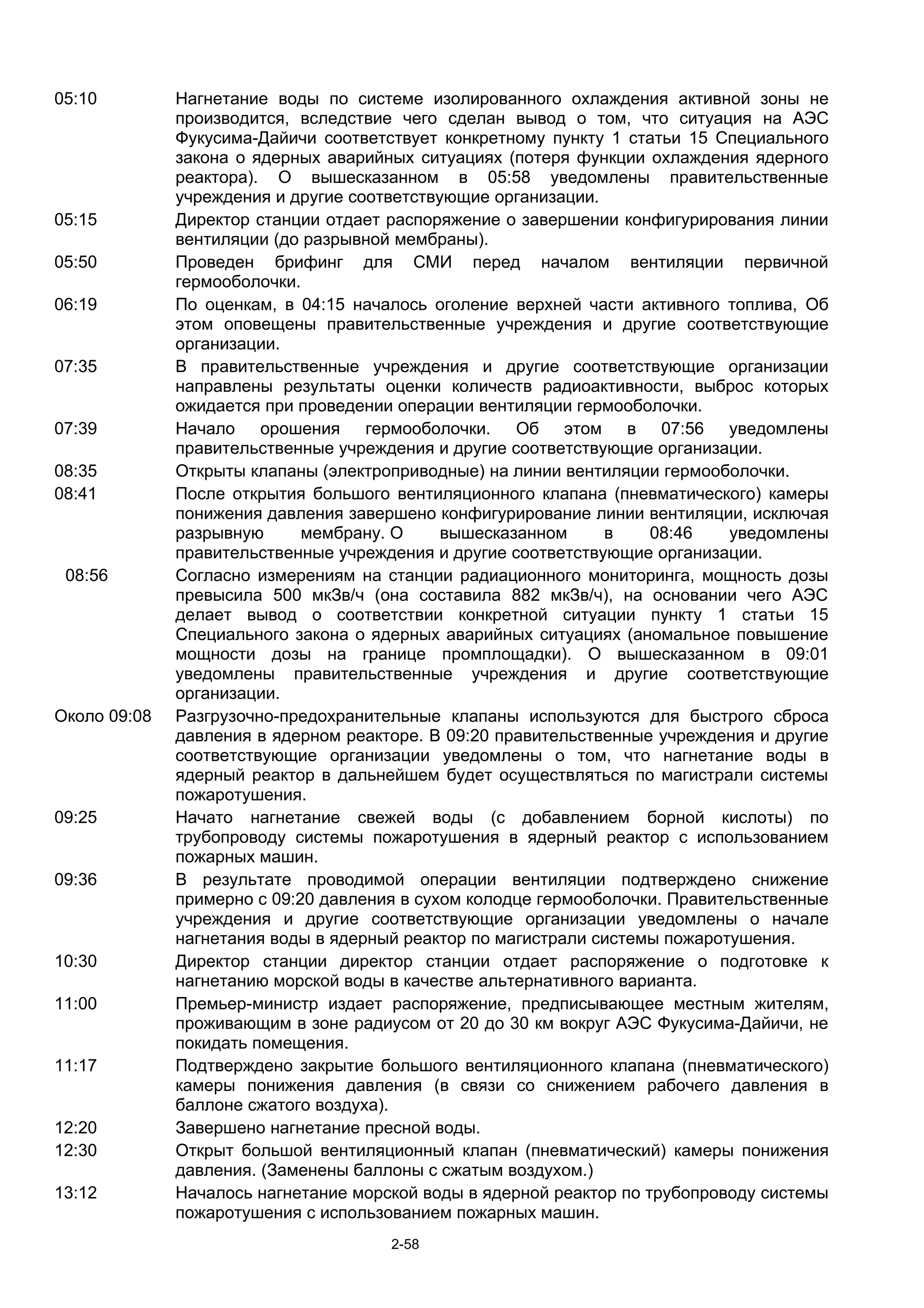 05:10         Нагнетание воды по системе изолированного охлаждения активной зоны не
              производится, вследствие чего сделан вывод о том, что ситуация на АЭС
              Фукусима-Дайичи соответствует конкретному пункту 1 статьи 15 Специального
              закона о ядерных аварийных ситуациях (потеря функции охлаждения ядерного
              реактора). О вышесказанном в 05:58 уведомлены правительственные
              учреждения и другие соответствующие организации.
05:15         Директор станции отдает распоряжение о завершении конфигурирования линии
              вентиляции (до разрывной мембраны).
05:50         Проведен брифинг для СМИ перед началом вентиляции первичной
              гермооболочки.
06:19         По оценкам, в 04:15 началось оголение верхней части активного топлива, Об
              этом оповещены правительственные учреждения и другие соответствующие
              организации.
07:35         В правительственные учреждения и другие соответствующие организации
              направлены результаты оценки количеств радиоактивности, выброс которых
              ожидается при проведении операции вентиляции гермооболочки.
07:39         Начало орошения гермооболочки. Об этом в 07:56 уведомлены
              правительственные учреждения и другие соответствующие организации.
08:35         Открыты клапаны (электроприводные) на линии вентиляции гермооболочки.
08:41         После открытия большого вентиляционного клапана (пневматического) камеры
              понижения давления завершено конфигурирование линии вентиляции, исключая
              разрывную      мембрану. О     вышесказанном     в     08:46    уведомлены
              правительственные учреждения и другие соответствующие организации.
 08:56        Согласно измерениям на станции радиационного мониторинга, мощность дозы
              превысила 500 мкЗв/ч (она составила 882 мкЗв/ч), на основании чего АЭС
              делает вывод о соответствии конкретной ситуации пункту 1 статьи 15
              Специального закона о ядерных аварийных ситуациях (аномальное повышение
              мощности дозы на границе промплощадки). О вышесказанном в 09:01
              уведомлены правительственные учреждения и другие соответствующие
              организации.
Около 09:08   Разгрузочно-предохранительные клапаны используются для быстрого сброса
              давления в ядерном реакторе. В 09:20 правительственные учреждения и другие
              соответствующие организации уведомлены о том, что нагнетание воды в
              ядерный реактор в дальнейшем будет осуществляться по магистрали системы
              пожаротушения.
09:25         Начато нагнетание свежей воды (с добавлением борной кислоты) по
              трубопроводу системы пожаротушения в ядерный реактор с использованием
              пожарных машин.
09:36         В результате проводимой операции вентиляции подтверждено снижение
              примерно с 09:20 давления в сухом колодце гермооболочки. Правительственные
              учреждения и другие соответствующие организации уведомлены о начале
              нагнетания воды в ядерный реактор по магистрали системы пожаротушения.
10:30         Директор станции директор станции отдает распоряжение о подготовке к
              нагнетанию морской воды в качестве альтернативного варианта.
11:00         Премьер-министр издает распоряжение, предписывающее местным жителям,
              проживающим в зоне радиусом от 20 до 30 км вокруг АЭС Фукусима-Дайичи, не
              покидать помещения.
11:17         Подтверждено закрытие большого вентиляционного клапана (пневматического)
              камеры понижения давления (в связи со снижением рабочего давления в
              баллоне сжатого воздуха).
12:20         Завершено нагнетание пресной воды.
12:30         Открыт большой вентиляционный клапан (пневматический) камеры понижения
              давления. (Заменены баллоны с сжатым воздухом.)
13:12         Началось нагнетание морской воды в ядерной реактор по трубопроводу системы
              пожаротушения с использованием пожарных машин.
                                      2-58
 