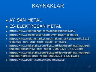 KAYNAKLAR













AY-SAN METAL
ES-ELEKTROSAN METAL
http://www.yildiriminan.com/images/makas.JPG
http://www.sinanefecelik.com.tr/images/kesim.jpg
http://www.makinemarket.net/makinemarket/galeri/19116
9-demag_nc4_ergo_tech_plastik_enje.jpg
http://www.yildizkalip.com/SystemFiles/UserFiles/Image/Si
teIcerik/eksantrik2_pres_robot_20090323_142728.jpg
http://www.yildizkalip.com/SystemFiles/UserFiles/Image/Si
teIcerik/hidrolik_pres_robot_20090323_142315.jpg
http://www.podim.com.tr/canakmop.asp
26

 