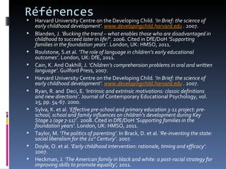 Références
   Harvard University Centre on the Developing Child. ‘In Brief: the science of
    early childhood development’. www.developingchild.harvard.edu . 2007.
   Blanden, J. ‘Bucking the trend – what enables those who are disadvantaged in
    childhood to succeed later in life?’. 2006. Cited in DfE/DoH ‘Supporting
    families in the foundation years’. London, UK: HMSO, 2011.
   Roulstone, S.et al. ‘The role of language in children’s early educational
    outcomes’. London, UK: DfE, 2011.
   Cain, K. And Oakhill, J. ‘Children’s comprehension problems in oral and written
    language’. Guilford Press, 2007.
   Harvard University Centre on the Developing Child. ‘In Brief: the science of
    early childhood development’. www.developingchild.harvard.edu . 2007.
   Ryan, R. and Deci, E. ‘Intrinsic and extrinsic motivations: classic definitions
    and new directions’. Journal of Contemporary Educational Psychology, vol.
    25, pp. 54-67. 2000.
   Sylva, K. et al. ‘Effective pre-school and primary education 3-11 project: pre-
    school, school and family influences on children’s development during Key
    Stage 2 (age 7-11)’. 2008. Cited in DfE/DoH ‘Supporting families in the
    foundation years’. London, UK: HMSO, 2011.
   Taylor, M. ‘The politics of parenting’. In Brack, D. et al. ‘Re-inventing the state:
    social liberalism for the 21st Century’. 2007.
   Doyle, O. et al. ‘Early childhood intervention: rationale, timing and efficacy’.
    2007.
   Heckman, J. ‘The American family in black and white: a post-racial strategy for
    improving skills to promote equality’, 2011.
 