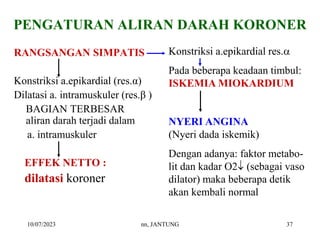 10/07/2023 nn, JANTUNG 37
PENGATURAN ALIRAN DARAH KORONER
RANGSANGAN SIMPATIS
Konstriksi a.epikardial (res.α)
Dilatasi a. intramuskuler (res.β )
BAGIAN TERBESAR
aliran darah terjadi dalam
a. intramuskuler
EFFEK NETTO :
dilatasi koroner
Konstriksi a.epikardial res.
Pada beberapa keadaan timbul:
ISKEMIA MIOKARDIUM
NYERI ANGINA
(Nyeri dada iskemik)
Dengan adanya: faktor metabo-
lit dan kadar O2 (sebagai vaso
dilator) maka beberapa detik
akan kembali normal
 