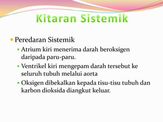  Peredaran Sistemik
 Atrium kiri menerima darah beroksigen
daripada paru-paru.
 Ventrikel kiri mengepam darah tersebut ke
seluruh tubuh melalui aorta
 Oksigen dibekalkan kepada tisu-tisu tubuh dan
karbon dioksida diangkut keluar.
 