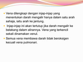  Vena dilengkapi dengan injap-injap yang
menentukan darah mengalir hanya dalam satu arah
sahaja, iaitu arah ke jantung.
 Injap-injap ini akan tertutup jika darah mengalir ke
belakang dalam alirannya. Vena yang terkencil
sekali dinamakan venul.
 Semua vena membawa darah tidak beroksigen
kecuali vena pulmonari.
 