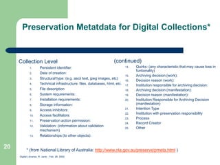 Digital Libraries, R. Jantz - Feb. 26, 2002
20
Preservation Metatdata for Digital Collections*
Collection Level
1. Persistent identifier:
2. Date of creation:
3. Structural type: (e.g. ascii text, jpeg images, etc)
4. Technical infrastructure: files, databases, html, etc.
5. File description
6. System requirements:
7. Installation requirements:
8. Storage information:
9. Access inhibitors:
10. Access facilitators:
11. Preservation action permission:
12. Validation: (information about validation
mechanism)
13. Relationships (to other objects):
* (from National Library of Australia: http://www.nla.gov.au/preserve/pmeta.html )
(continued)
14. Quirks: (any characteristic that may cause loss in
funtionality)
15. Archiving decision (work):
16. Decision reason (work):
17. Institution responsible for archiving decision:
18. Archiving decision (manifestation):
19. Decision reason (manifestation):
20. Institution Responsible for Archiving Decision
(manifestation)
21. Intention Type
22. Institution with preservation responsibility
23. Process
24. Record Creator
25. Other
 