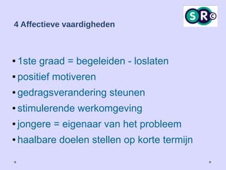 4 Affectieve vaardigheden
● 1ste graad = begeleiden - loslaten
● positief motiveren
● gedragsverandering steunen
● stimulerende werkomgeving
● jongere = eigenaar van het probleem
● haalbare doelen stellen op korte termijn
 