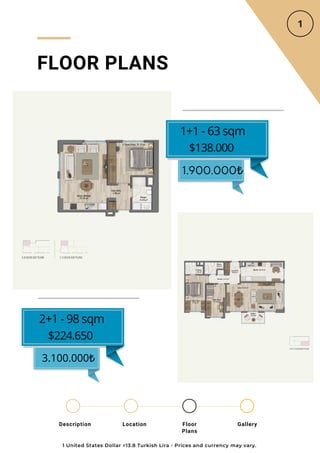 Location Floor
Plans
Gallery
Description
FLOOR PLANS
1+1 - 63 sqm
$138.000
1.900.000₺
2+1 - 98 sqm
$224.650
3.100.000₺
1 United States Dollar =13.8 Turkish Lira - Prices and currency may vary.
 