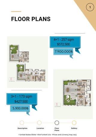 Location Floor
Plans
Gallery
Description
FLOOR PLANS
4+1 - 257 sqm
$572.500
7.900.000₺
3+1 - 173 sqm
$427.500
5.900.000₺
1 United States Dollar =13.8 Turkish Lira - Prices and currency may vary.
 