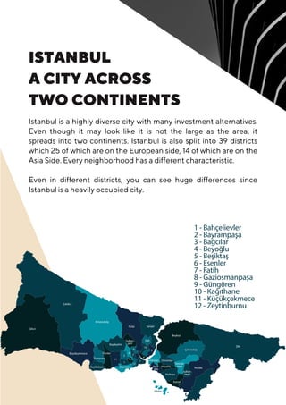 Istanbul is a highly diverse city with many investment alternatives.
Even though it may look like it is not the large as the area, it
spreads into two continents. Istanbul is also split into 39 districts
which 25 of which are on the European side, 14 of which are on the
Asia Side. Every neighborhood has a different characteristic.
Even in different districts, you can see huge differences since
Istanbul is a heavily occupied city.
ISTANBUL
A CITY ACROSS
TWO CONTINENTS
 