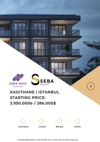 Location Why Buy Gallery
Description
KAGITHANE | ISTANBUL
STARTING PRICE:
3.950.000₺ / 286.000$
1 United States Dollar =13.8 Turkish Lira - Prices and currency may vary.
 