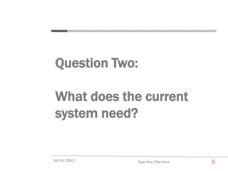 Question Two:

What does the current
system need?


10/01/2013   Type Your Title Here   5
 