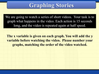 We are going to watch a series of short videos. Your task is to
graph what happens in the video. Each action is 15 seconds
long, and the video is repeated again at half speed.
The x variable is given on each graph. You will add the y
variable before watching the video. Please number your
graphs, matching the order of the video watched.
 