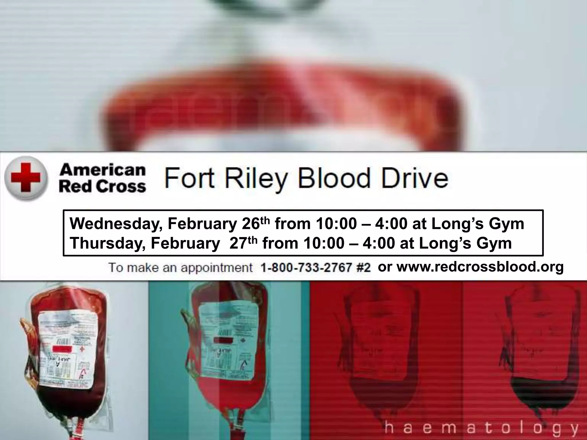 Our thoughts and sympathy are with everyone in Oklahoma
impacted by the tornadoes. The Red Cross is providing food,
shelter and comfort to people affected by these storms.

Wednesday,effort is very26th from 10:00 – 4:00 at Long’swhere
This relief February large involving several communities Gym
tornadoes struck over several days. You 4:00 at people affected
Thursday, February 27th from 10:00 – can help Long’s Gym
by disasters like tornadoes, floods and otherOr www.redcrossblood.org
or crises by making a
www.redcrossblood.org
donation to American Red Cross Disaster Relief.
• You can donate by visiting www.redcross.org, calling 1-800-RED
CROSS or texting the word REDCROSS to 90999 to make a $10
donation.

 