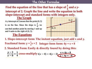 Find the equation of the line that has a slope of
𝟏
𝟒
and a y-
intercept of 2. Graph the line and write the equation in both
slope-intercept and standard forms with integers only.
The Graph
The Equations
1. Slope-intercept form: The instant equation, just add x and y.
Fractional form: y =
𝟏
𝟒
x + 2 Integer form form: 4y = x + 8
2. Standard Form: Easily & directly found by doing this:
cross-multiply
The Other Formulas
 